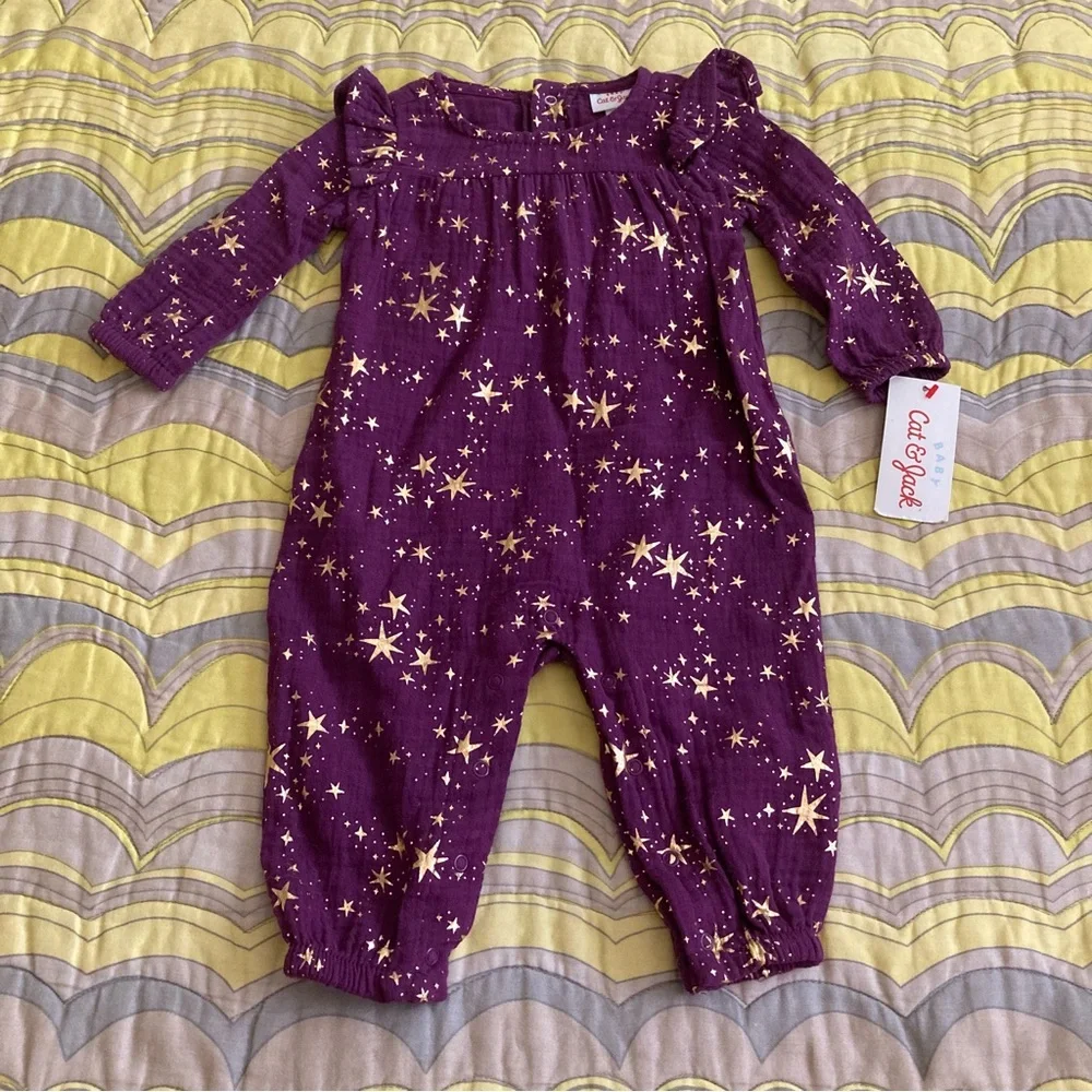 Cat & Jack Purple Romper with Gold Stars